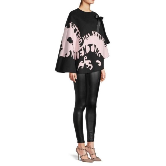 NEW WITH TAG Beautiful VALENTINO Logo Virgin Wool Blend Ruffled Cape BLACK AND P - Picture 2 of 16